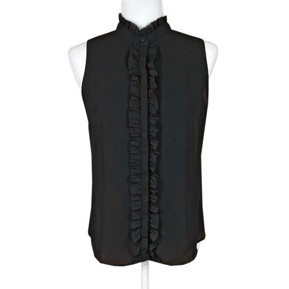 Banana Republic Ruffle Front & Collar Blouse Size XS Petite Black Sleeveless